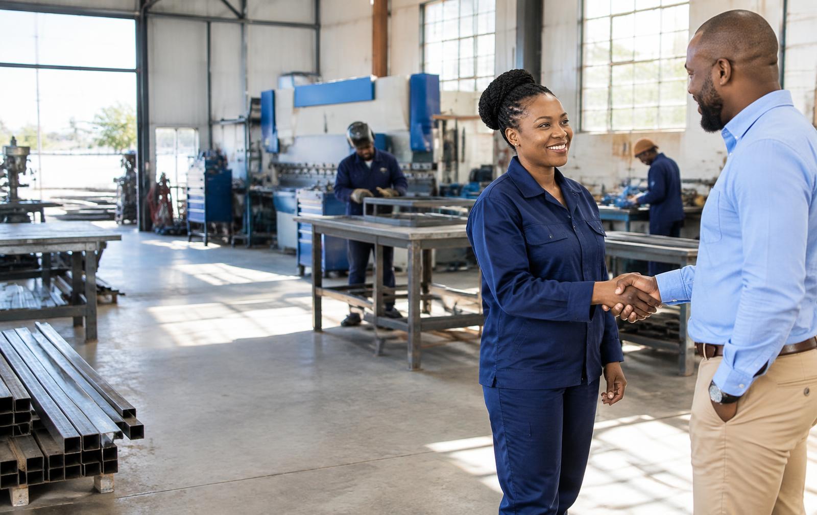 South African business owners meeting in their workshop — illustrative campaign photo