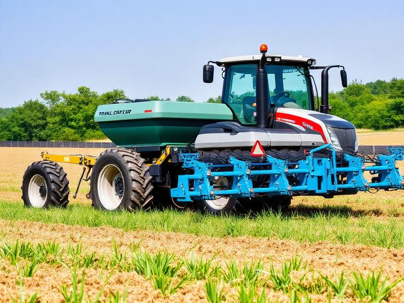 A tractor pulling a planter implement in a field